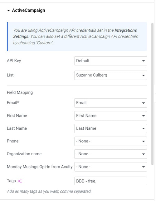 Screenshot of the Elementor Pro form settings for the integration with Active Campaign, selecting the list, connecting the form fields and entering tag names