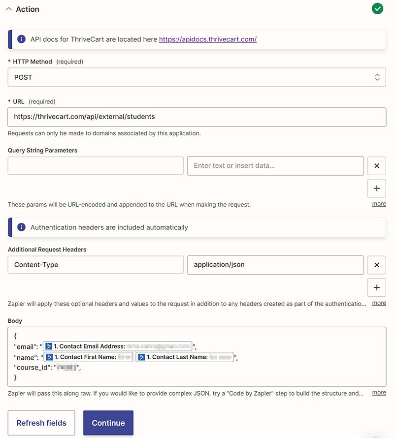 Zapier Zap settings showing the action settings for a ThriveCart API request post